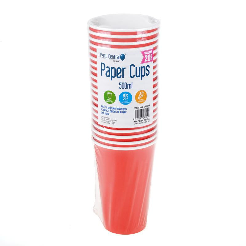 Paper Cups Red 500ml 20 Pack